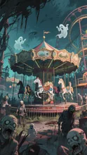 遊園地全体がお化け屋敷状態での不気味なメリーゴーランド🎠
