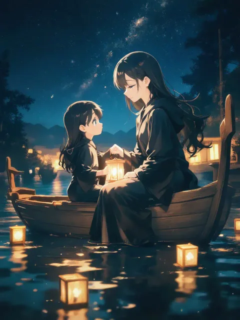 long hair、blue eyes、black hair - ランタンに火を入れる