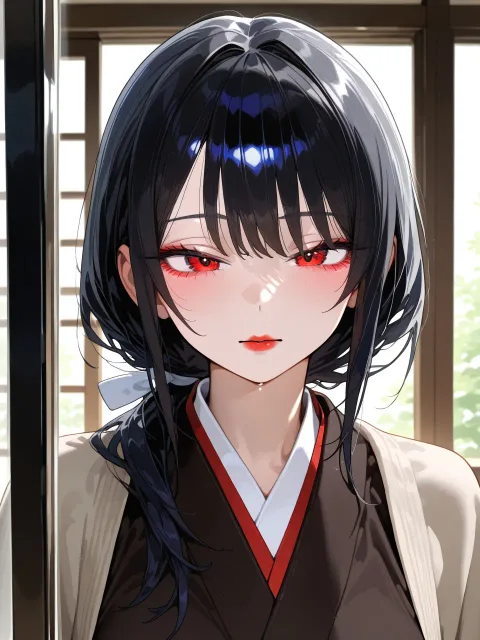 きちんとした服装、真っ赤な口紅をひいた成年女性