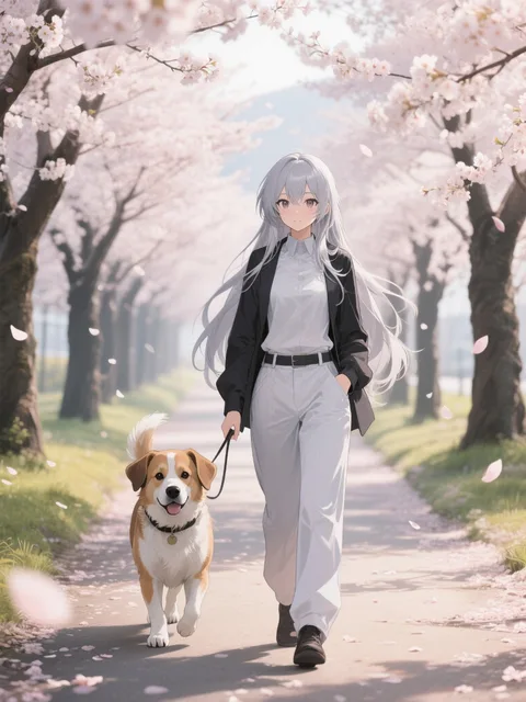 犬と朝の散歩、桜並木、花びら、やわらかな光、春の雰囲気