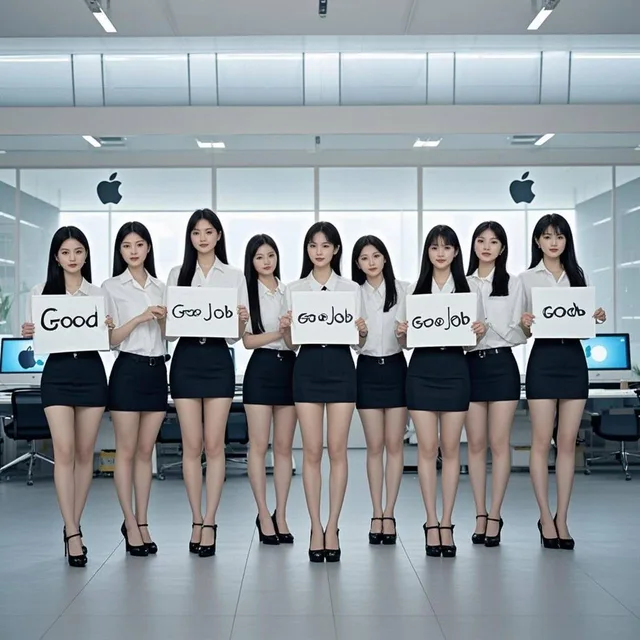 有几个中国的美女、裙子比较短、背景是超漂亮办公室、苹果电脑