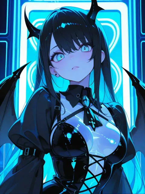 際どい小悪魔衣装、小さな角と黒い翼の美女、しなやかな体