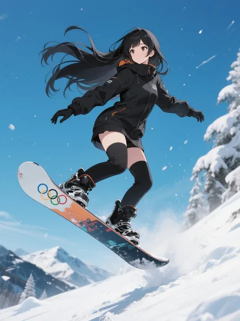 雪山 晴天 オリンピック スノボ 黒髪ロング女子 ジャンプ