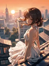 夏の夕焼け下町少女。