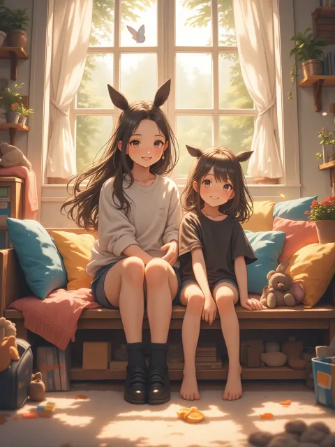 黒いニーハイソックスの姉と素足の妹、子供部屋、絶対領域の姉