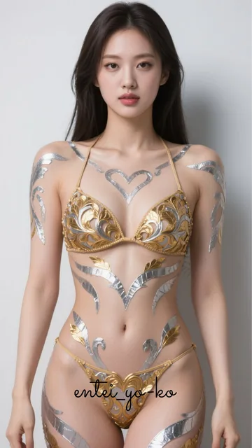 肌と見間違える極小ビキニを着て、ボディペイントで誤魔化す女性