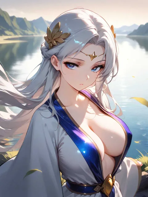 神秘的な光景、肩越しの視線と深い胸の谷間、上半身 - 天女の衣