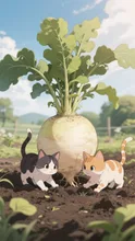おおきなかぶの周りの土を掻き出す子猫達