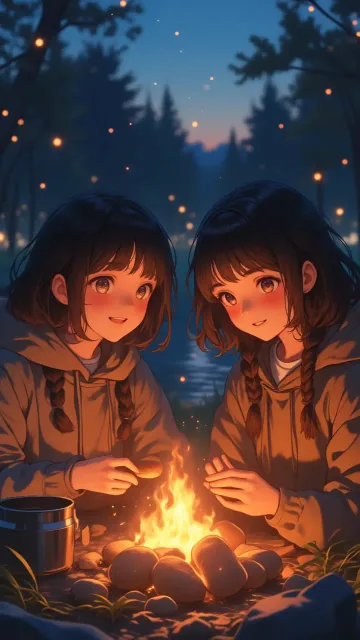 楽曲カバーイラスト、秋の夕暮れ、焚き火を囲む二人の少女 - 焼き芋
