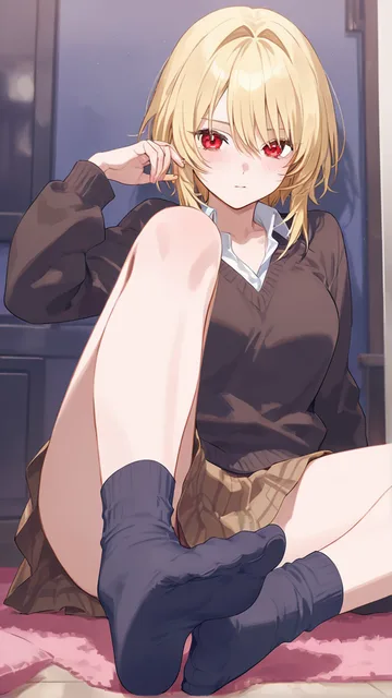 赤い目の金髪美少女が靴下を脱いでその足を嗅がせてくる