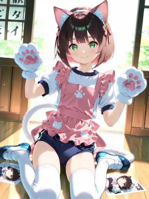 色紙の花で縁取られた学園祭の看板、肉球ミトンを着けた少女
