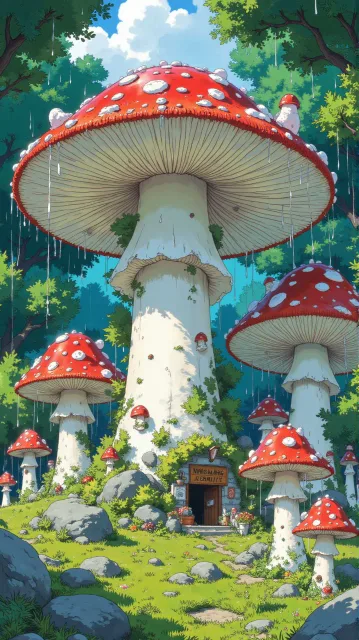 雨上がりのキノコ、柔らかなボケ背景、柔らかい水彩イラスト