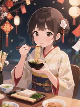 年越し蕎麦を食べる女の子