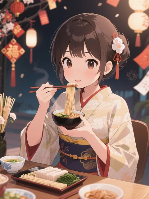 年越し蕎麦を食べる女の子