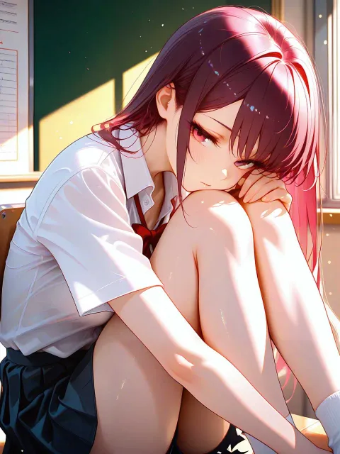 制服の若い女性、放課後の教室、悪戯な表情、膝から上 - 制服 vs 私服