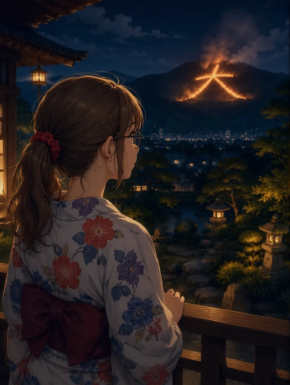 五山の送り火を見る、菜摘。