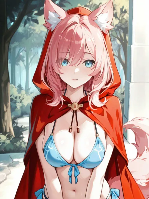 きちんとした服装、顔がはっきり見える、フード付きの赤いケープ