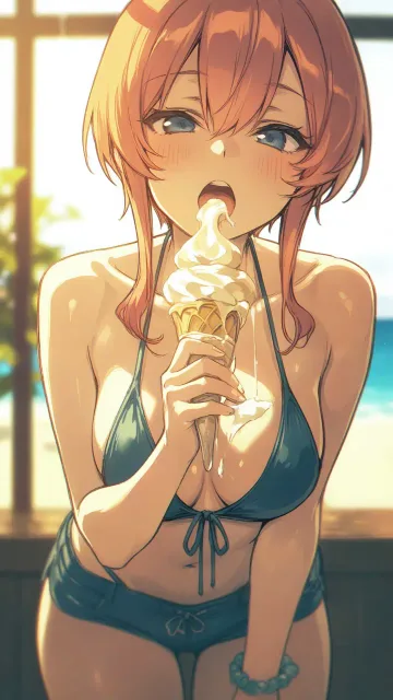 ビキニでソフトクリームを持つ美女、柔らかな光、夏の海