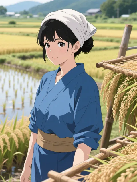 藍の作務衣を着て黒髪を手ぬぐいで姉さん被りにした日本人の農婦