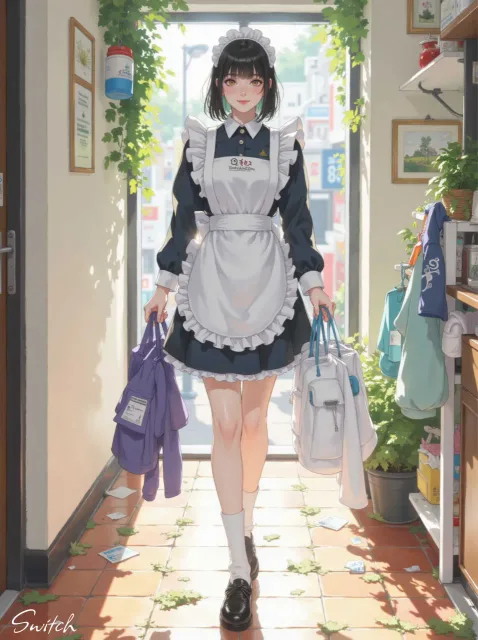 メイド服を着た女性、18歳、ストレートの髪、優しい微笑み