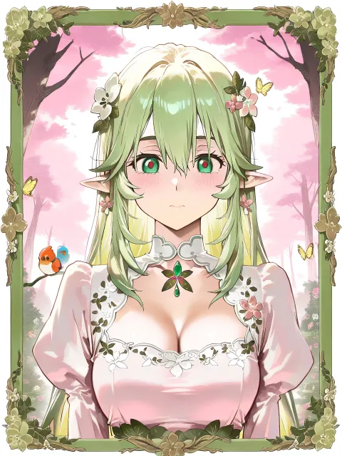 草木の柄のドレスを着た少女、花の髪飾り - 森の精霊