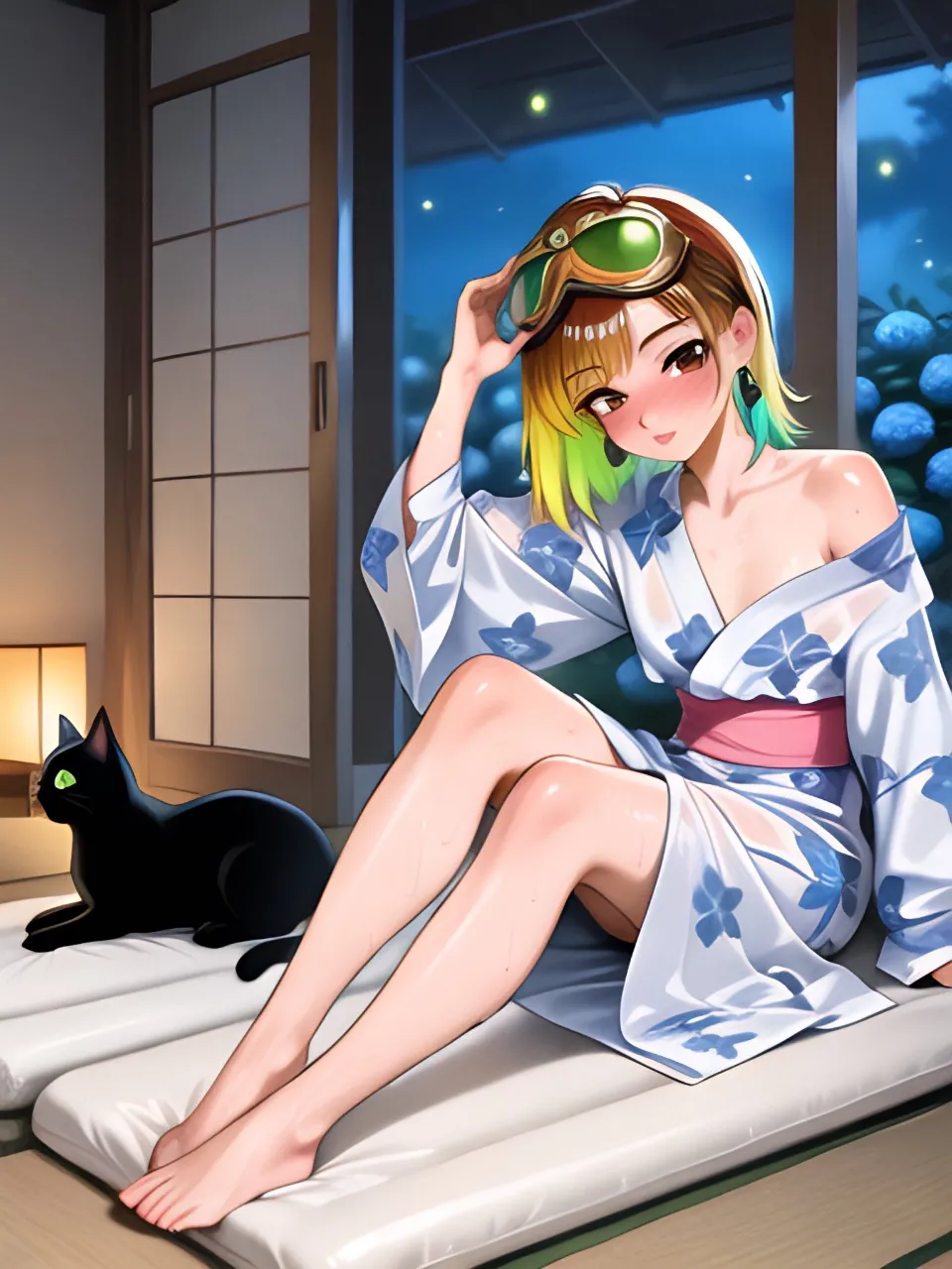 寝苦しい夜に浴衣ですわ…パンク娘と黒ニャンコ…黄