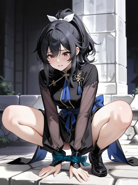 きちんとした服装、顔がはっきり見える、城の石垣の上 - 月夜のくノ一