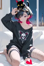 オーバーサイズのトレーナーで…パンク娘と黒ニャンコ…黒 — たくりんさんのAIイラスト
