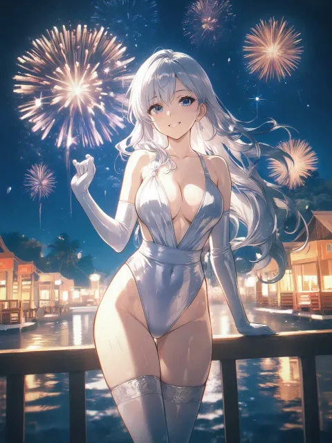 夏祭りの夜、艶やかなワンピース水着の美人、大輪の花火を背景に