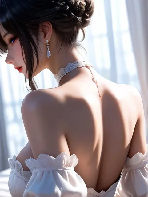 肩の落ちた薄い服の色っぽい成年女性、朝のベッド - 鎖骨の影