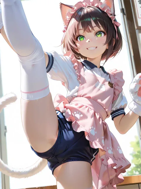 色紙の花で縁取られた学園祭の看板、肉球ミトンを着けた少女