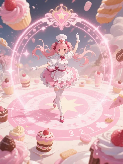 スイーツが舞うなか魔法陣で変身するパティシエ魔法少女…