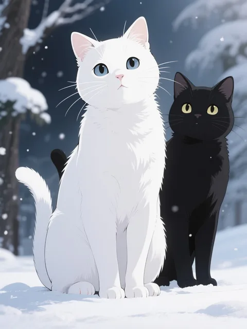 雪のような白猫のシロちゃん 白猫と黒猫 - 画像生成チャレンジ