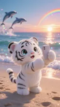 夕暮れの砂浜で白虎っ子とイルカ