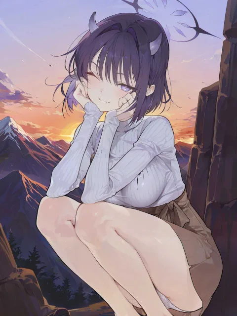 額に二本の小さな角がある鬼の少女、ショートボブヘア、藍色の瞳