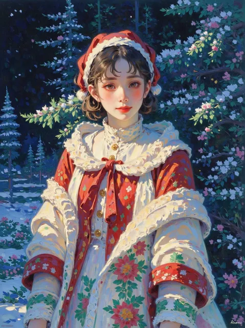 雪の降る夜のクリスマスツリーの前で