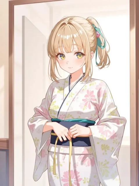 浴衣の帯を締める若い女の子、姿見の前、帯の柄、上半身 - 帯の結び目