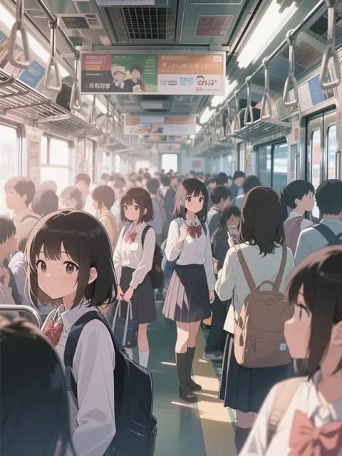 朝の満員電車、日常の一瞬、都市生活、女子学生、リアルな雰囲気