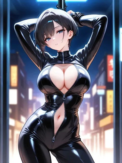 全身黒づくめの色っぽい成年女性、ボーイッシュ