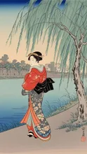 浮世絵、妖艶さ漂いプロポーションからも色気を感じる若い女性、豊満、振り返りながら肩越しに見る、柳、川沿い