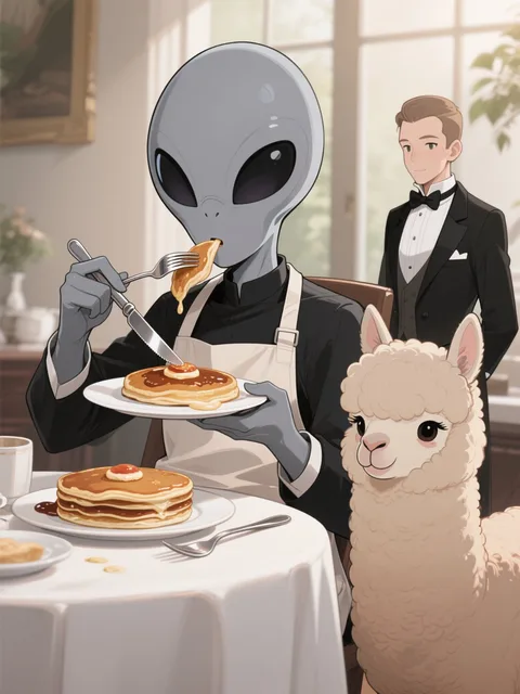 グレイ型の宇宙人がパンケーキを食べている - 画像生成チャレンジ