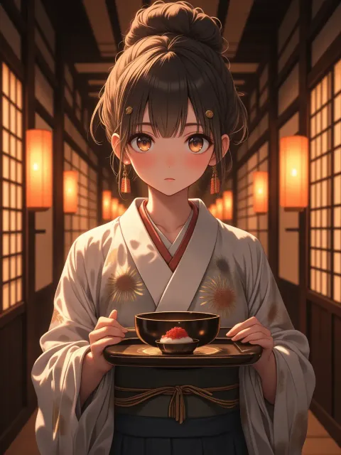 きちんと襟を合わせ帯を締めた着物姿の色っぽい成年女性の仲居