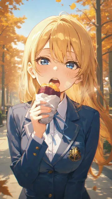 街路樹、美少女、焼き芋を食べている、ブレザーの制服