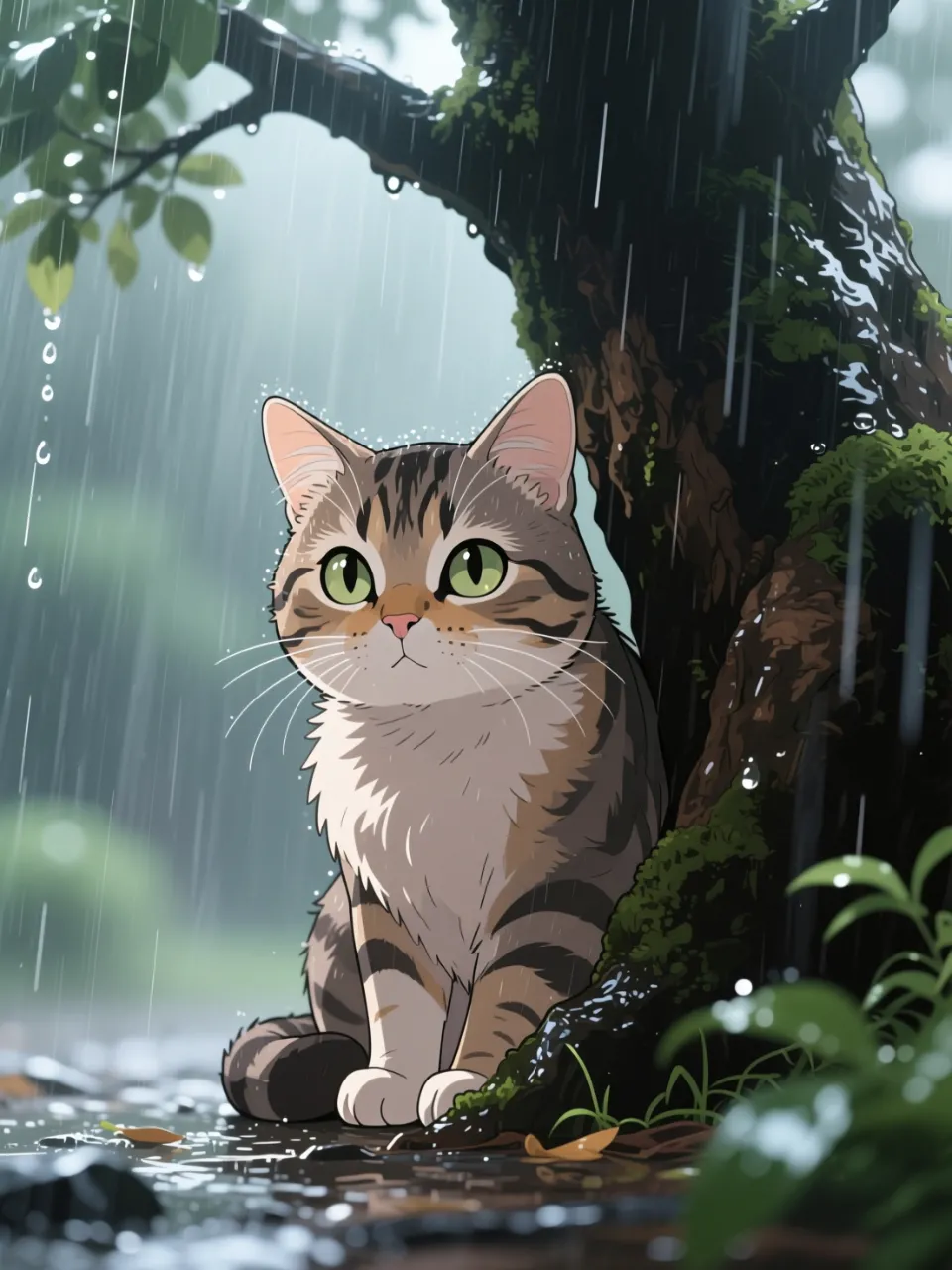 雨宿りをする猫