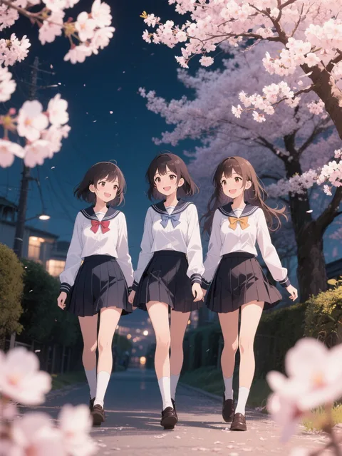 桜並木を友達3人で帰る美少女たち 制服 笑顔 夕方 - 春のはじまり