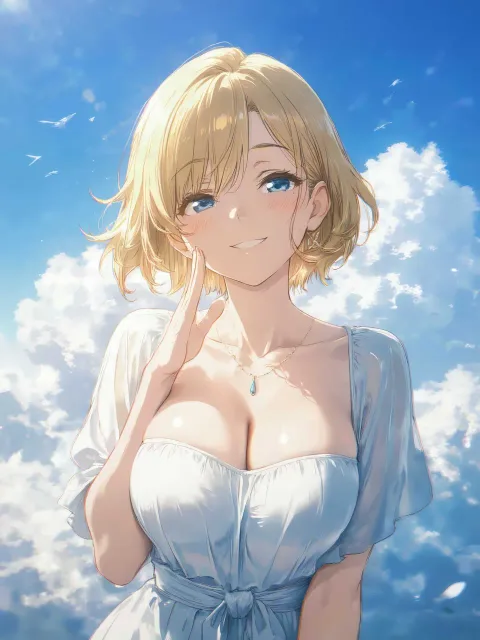 きちんとした服装、ふわふわの雲の擬人化の成年女性