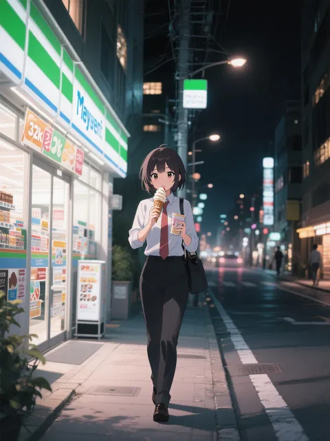 コンビニで買ったアイスを仕事帰りに食べて歩く 夜 仕事終わり
