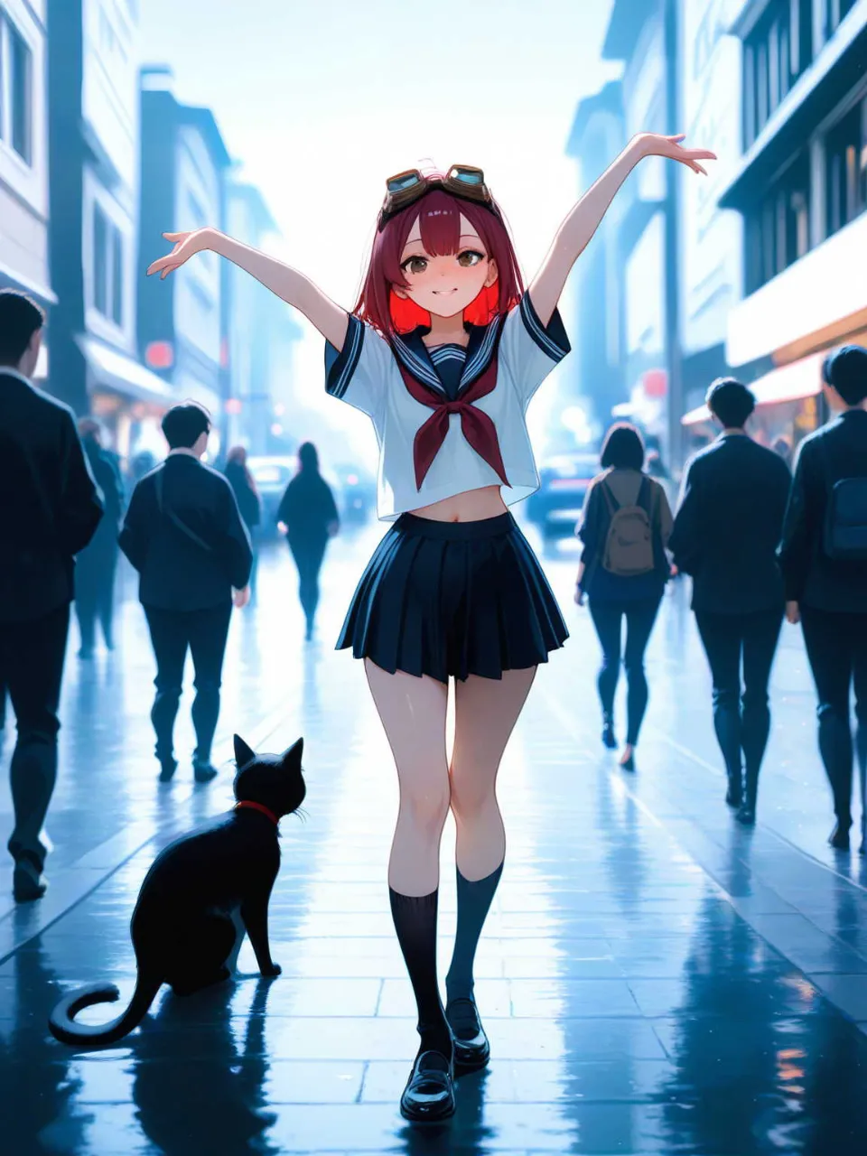 正統派セーラー服！…パンク娘と黒ニャンコ…赤