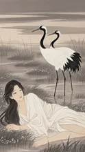 雪中女に鶴図