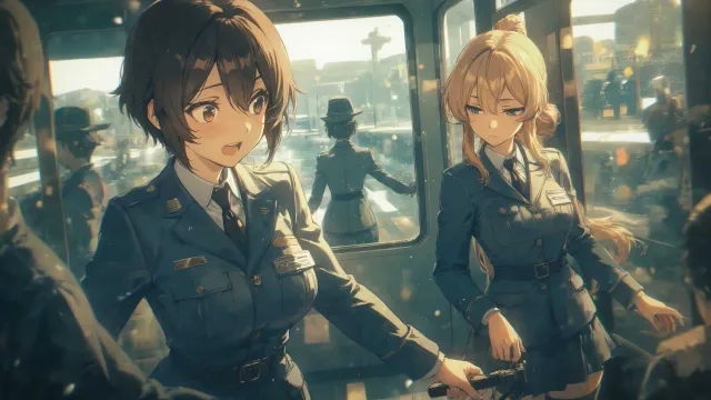 制服と私服の色っぽい成年女性がふたり並ぶ、お互いを見比べる